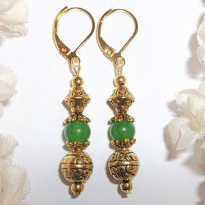 Handmade Earrings Gold & Faux Jade Green Dangle Drop Jewelry Gift For Her 6358